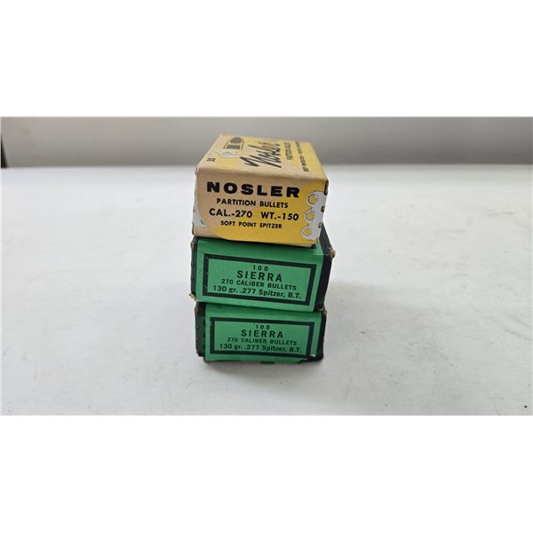 2 Full 100 count boxes of Sierra 270 cal 130gr spitzer bullets, 10 count box of Nosler 270 WT150 spi