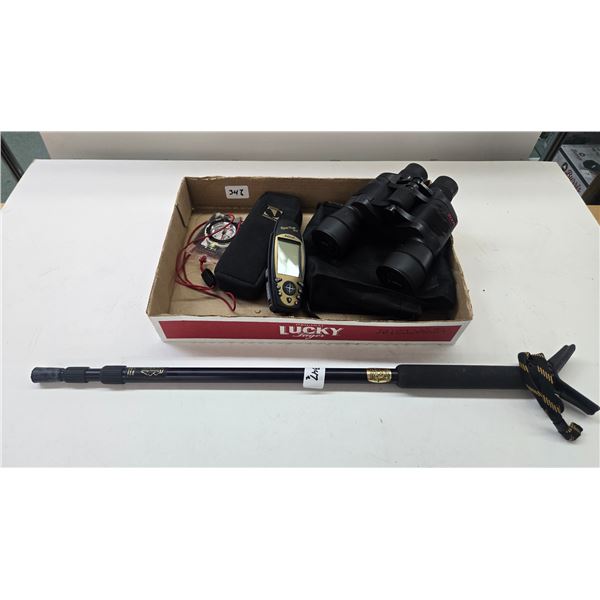 Magellan Sporttrak map GPS, a pair of 25 x 60 binoculars and a shooting stick