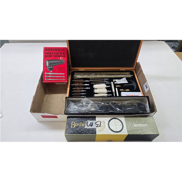 Complete Winchester No. 363004 universal cleaning kit, Bushnell bore sighter, and a vintage new in b