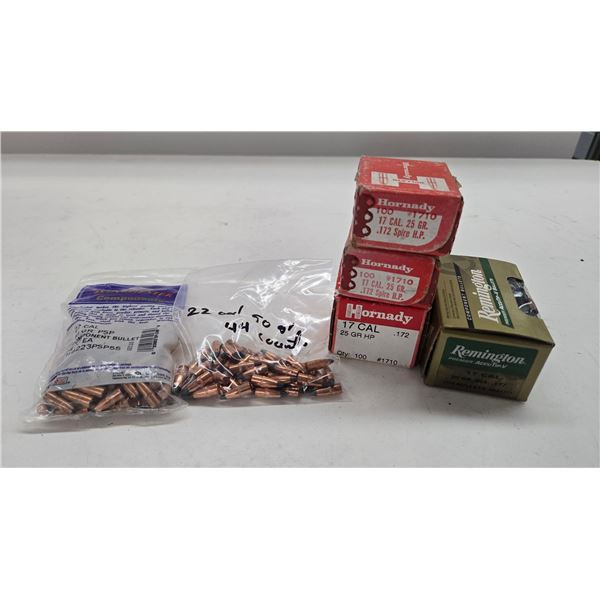 Selection of small caliber bullets including three full 100 count boxes Hornady .17 cal 25 gr HP, on