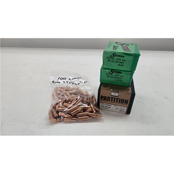 One full 50 count Nosler .25 cal 120 gr spitzer partition, one 79 count box and one 58 count box Sie