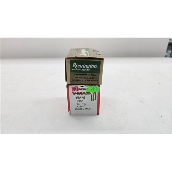 One full 100 count box Hornady V-Max 6mm 75 gr and a full 50 count box Remington 24/6mm cal 95 gr ac