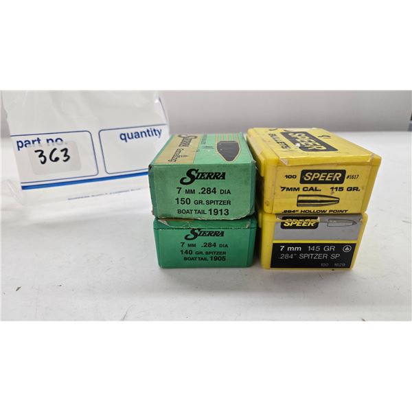 Selection of 7mm bullets including 81 Speer 115 gr HP, 88 count Speer 145 gr spitzer SP, 21 count Si
