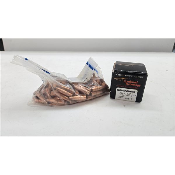 Selection of 7mm bullets including 40 count Nosler Supreme Hunting 150 gr ballistic silver tip and 1
