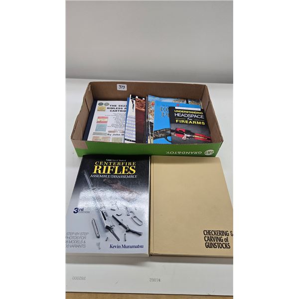 Selection of reference books including Checkering and Carving Gun Stocks, Nine mm pistol cartridges 
