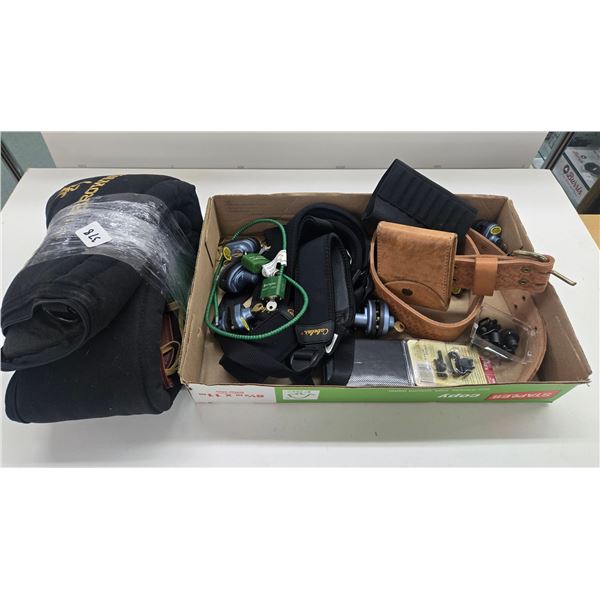 Selection of gun accessories including leather belt w/ ammo pouch, 4 gun slings, 6 keyed trigger loc