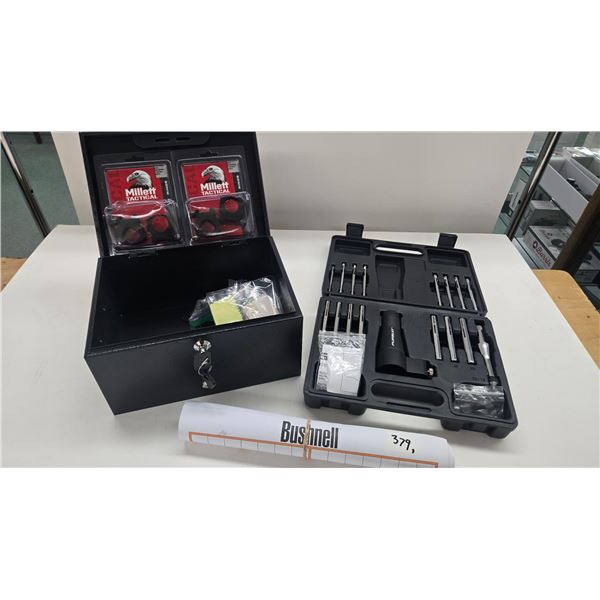 Selection ofgun misc. including small locking ammo box, 2 sets of Millett Tactical rings 1" med., 2 