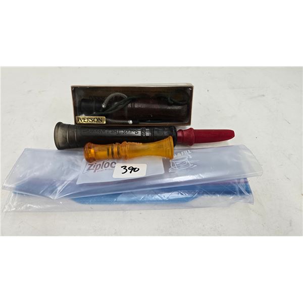 Selection of ducks calls including Iverson Championship goose call, a Primos Hot-dog model 351 by Ra