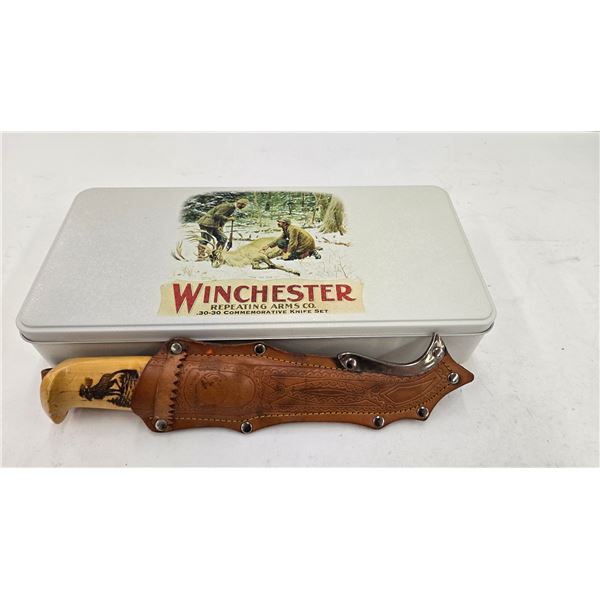 Collectible knives including Winchester .30-30 commemorative knife set, small hunting knife w/ carve