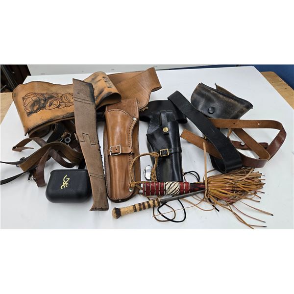 Selection of leather belts, holsters, slings and a Fenwick 2 piece Elite tec fly rod w/ case