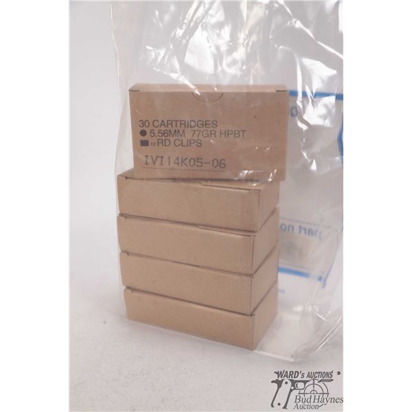 Five full 30 count boxes of 5.56 mm 77 gr HPBT