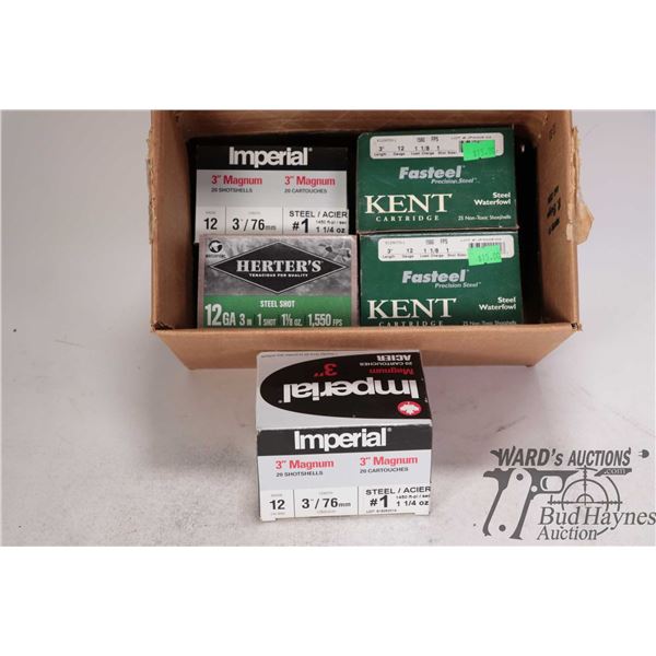 Selection of 12 ga 3" #1 shot shells including 2 full 20 count Imperial magnum, two full 25 count bo