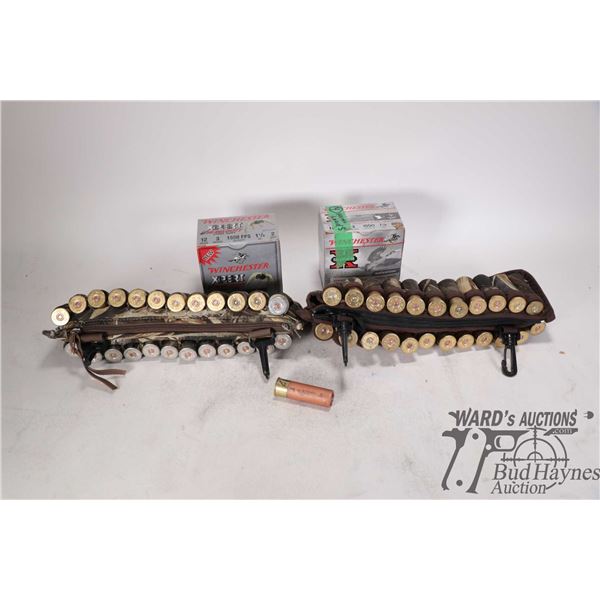 Selection of 12 ga 3" ammo including one full 25 count box Winchester Xpert #2, two ammo belts w/ 47