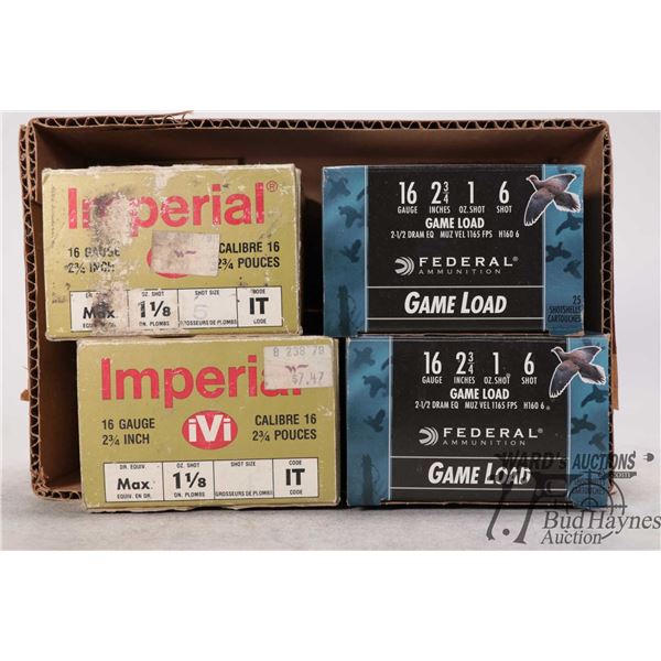 Two full 25 count boxes Federal Game loads 16 ga 2 3/4" #6, one full 25 count box Imperial 16 ga 2 3