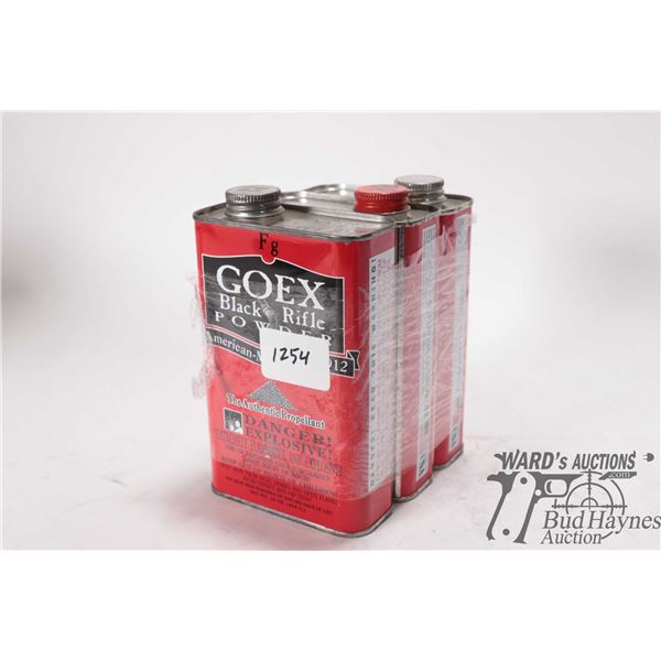 3 Goex 1lb containers including 2 FFg and 1 Fg, total weight 2.8lbs