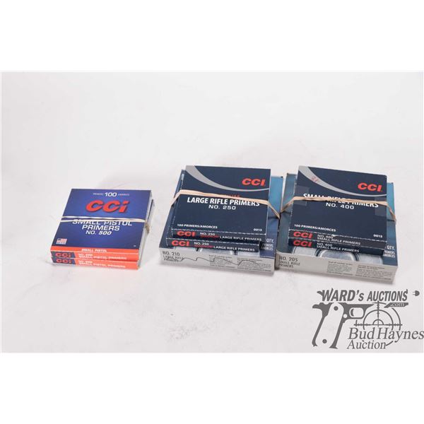 Selection of primers including 2 full 100 count CCI Magnum large rifle No 250, 1 partial 50 count pa