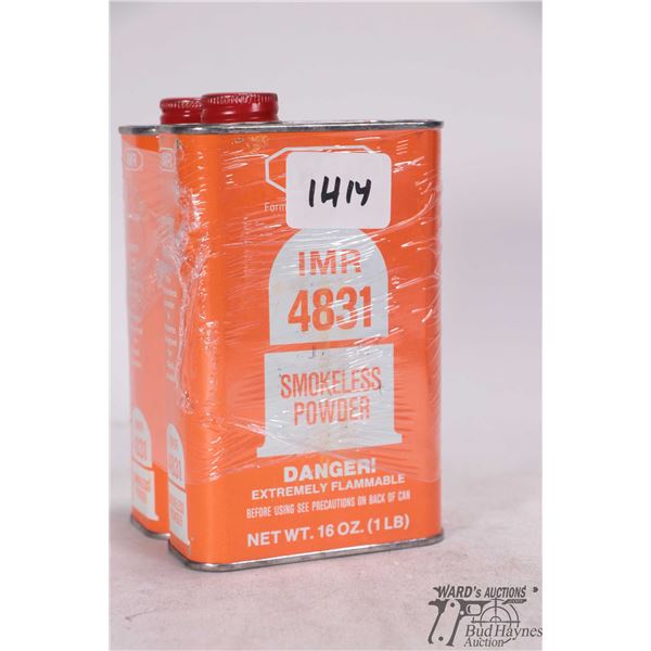 One full and one partial tin of IMR 4831 gunpowder. Total weight 850 g