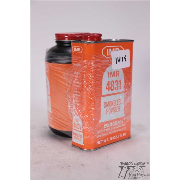 One full and one partial tin of IMR 4831 gunpowder. Total weight 745 g