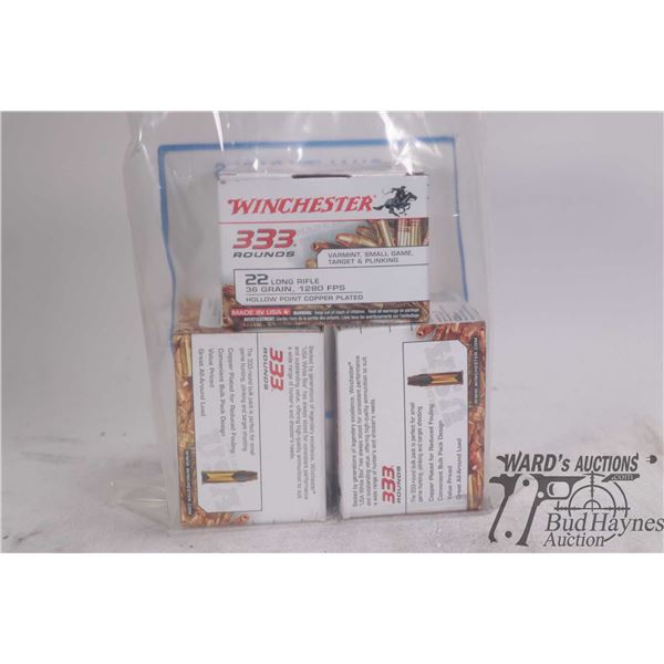 Three full 333 count boxes Winchester .22 LR 36 gr copper plated hollow point