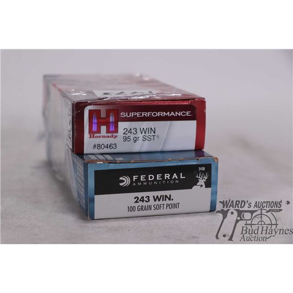 Two full 20 count boxes of .243 win including one Hornady super formance 95 gr SST and a Federal pow