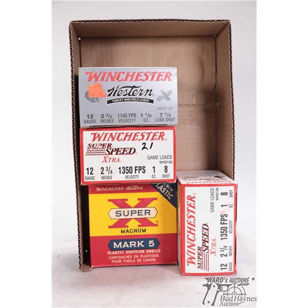 Selection of 12 ga Winchester ammo including a vintage 23 count box Super X mark 5 3" magnum #2, one