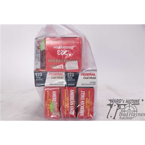 Selection of .223 REM ammo. including three full 20 count boxes of American Eagle, 62 gr, FMJ, two f