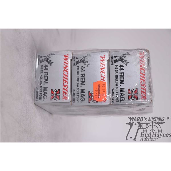 Three full 25 count boxes of Winchester 44 REm mag, 240 gr. Hollow soft point