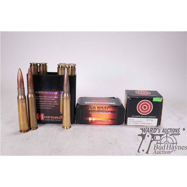 One partial 5 count box of Hornady 50 BMG, 750 gr. A-Max and four miscllaneous military 50 cal round