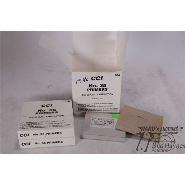 Selection of 50 cal primers including two full 100 count boxes of CCI #35, one full 50 count pack of