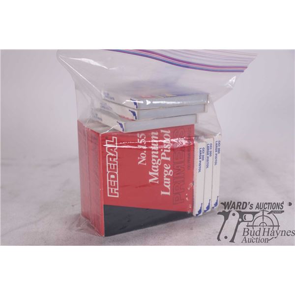 Selection of large pistol primers including five full 100 and one partial 10 count box of CCI No. 30