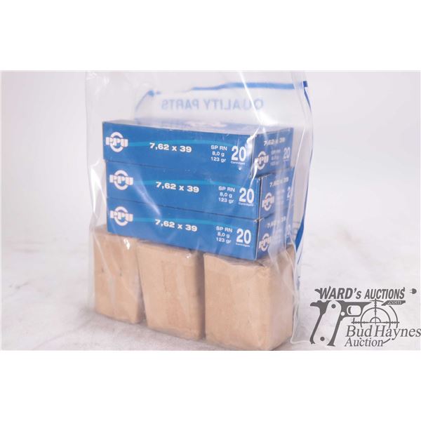 Three full 20 count boxes of PPU 7.62X39, 123 gr SP-NR and three full 20 count boxes of military sty
