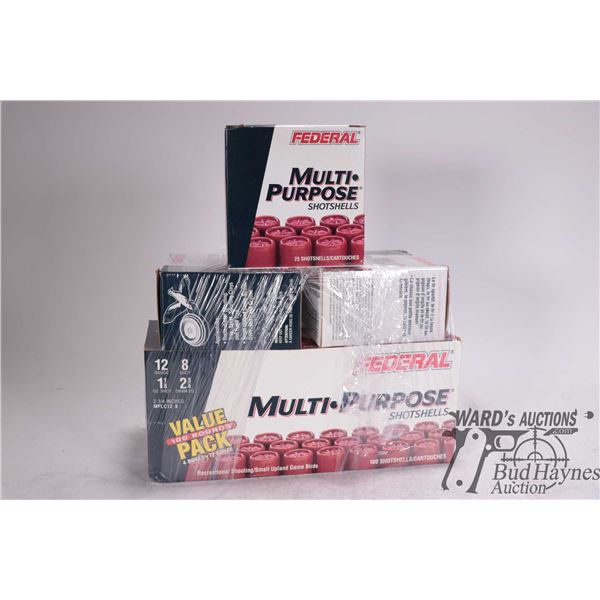 Six full 25 count Federal multi-purpose and one partial 7 count 12 ga. 2 3/4" no. 8