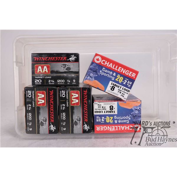 Selection of 20 ga. shotgun ammo including three full 25 count Winchester AA 2 3/4" no. 9 and one fu