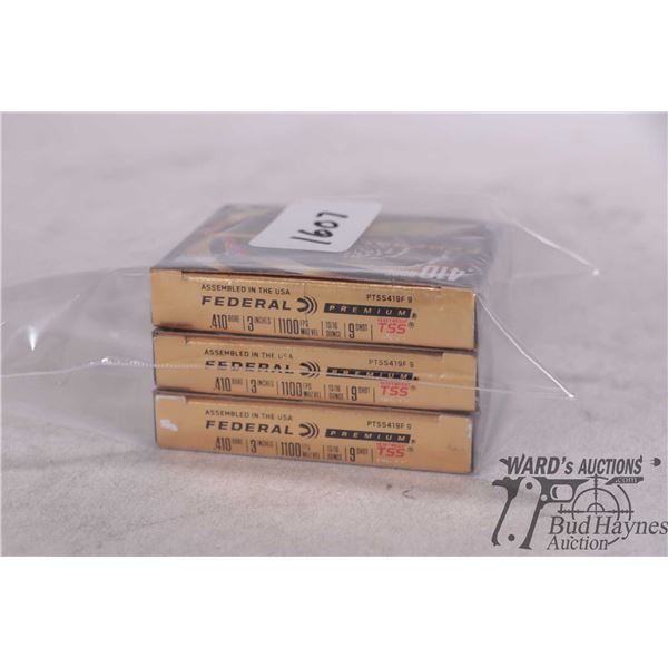 Three full 5 count boxes of Federal Premium heavy weight TSS .410 3" no. 9 Turkey shot