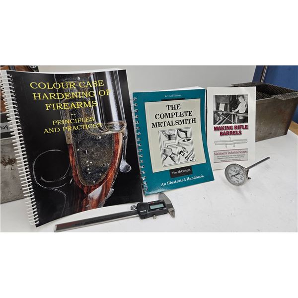40" x 6" x 6" blueing tank w/ gun smithing books, temp gauge, screen and calipers