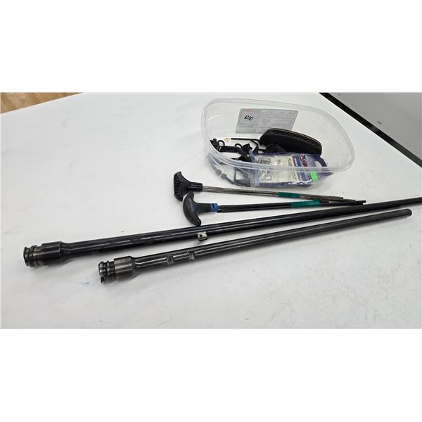 Selection of gun parts including two vintage rifle barrels, trigger guard, locking swivels, shoulder