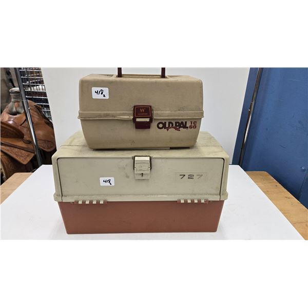 Two tackle boxes w/ assortment of new in box and used lures, weights, etc