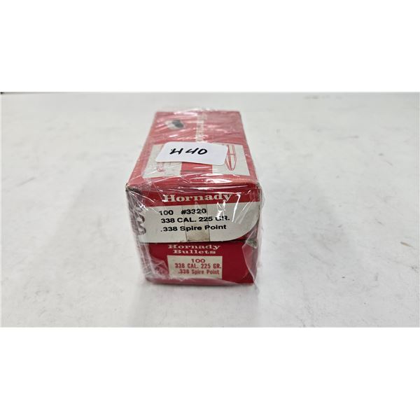 Two full 100 count boxes of Hornady .338 cal, 225 gr. Spire Point
