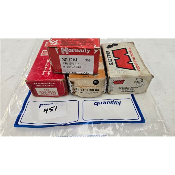 Four partial boxes of 30 cal bullets including 80 count Hornady, 180 gr. Spire Point, 20 count of Wi