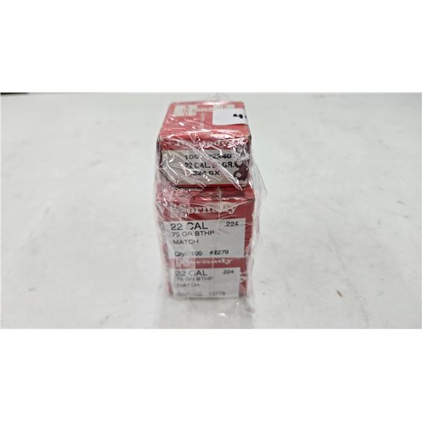 Two full 100 count boxes of Hornady .22 cal, 75 gr. BT HP Match and a full 100 count box of Hornady 