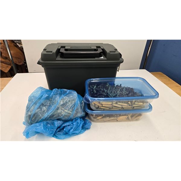 Ammo box andg two small tubs of .223 brass