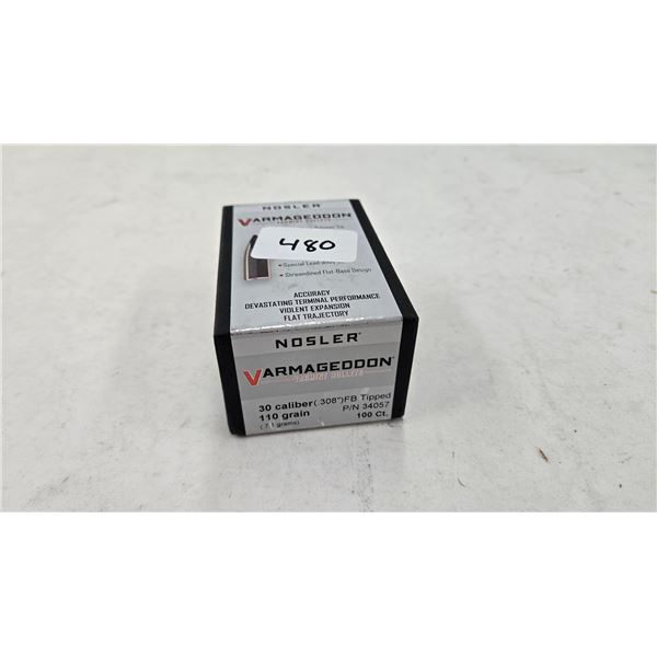 Full one hundred count box of Nosler Varmageddon 30 cal 100 gr. FB tipped