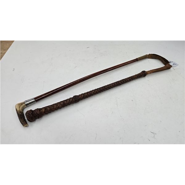 Two vintage riding crops including one with antler handles and sterling engraved collar and a woven 