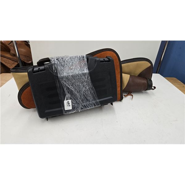 Three gun cases including one hard pistol case, soft pistol case and a soft rifle case