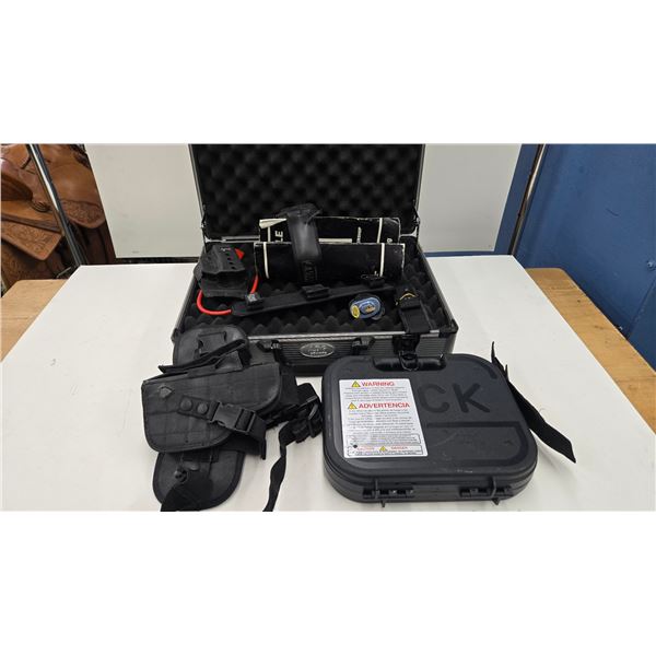 ADG Sport hand gun case with 2 LH glock holsters. Trigger lock, cable lock, ear protection and shoot