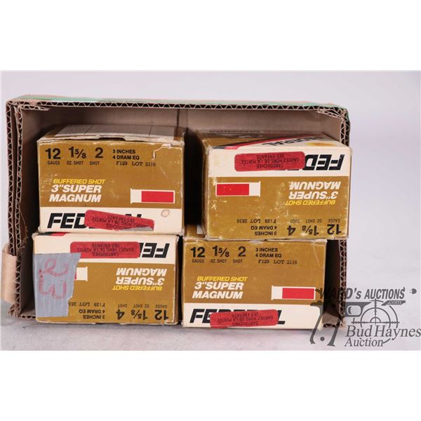 Three full 25 count and a 23 count box of vintage Federal Super Magnum 12 ga. 3", two are #2 and two