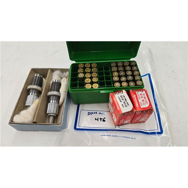 Two full 100 count boxes of Hornady 22 cal, 55 gr. FMU-BT, a Pacific 220 Swift die set and 33 220 Sw