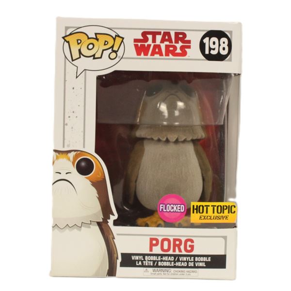 A Flocked Hot Topic Exclusive Porg #198 Funko Pop.