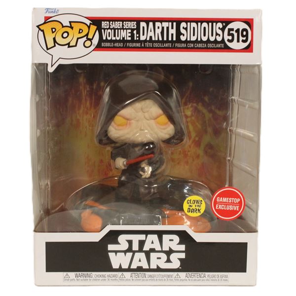 A Gamestop Exclusive Glow-in-the-Dark Red Saber Series Volume 1: Darth Sidious #519 Funko Pop.