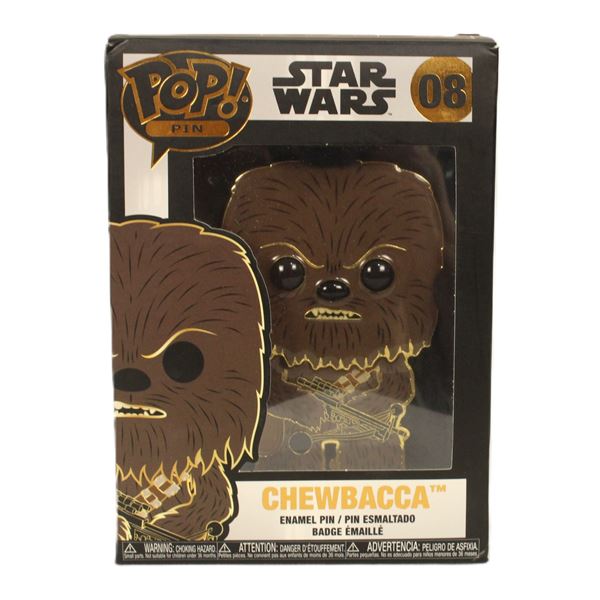 A large Funko Pop Pin Chewbacca #08 Enamel Pin.